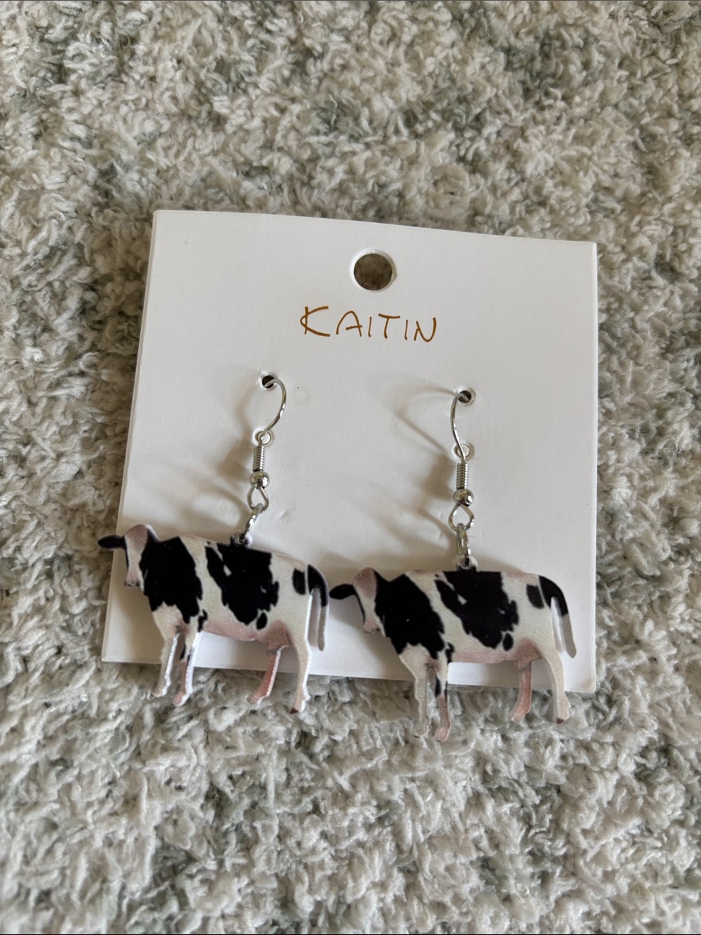 Katin Black and White Cow Dangle Earrings NWT resin